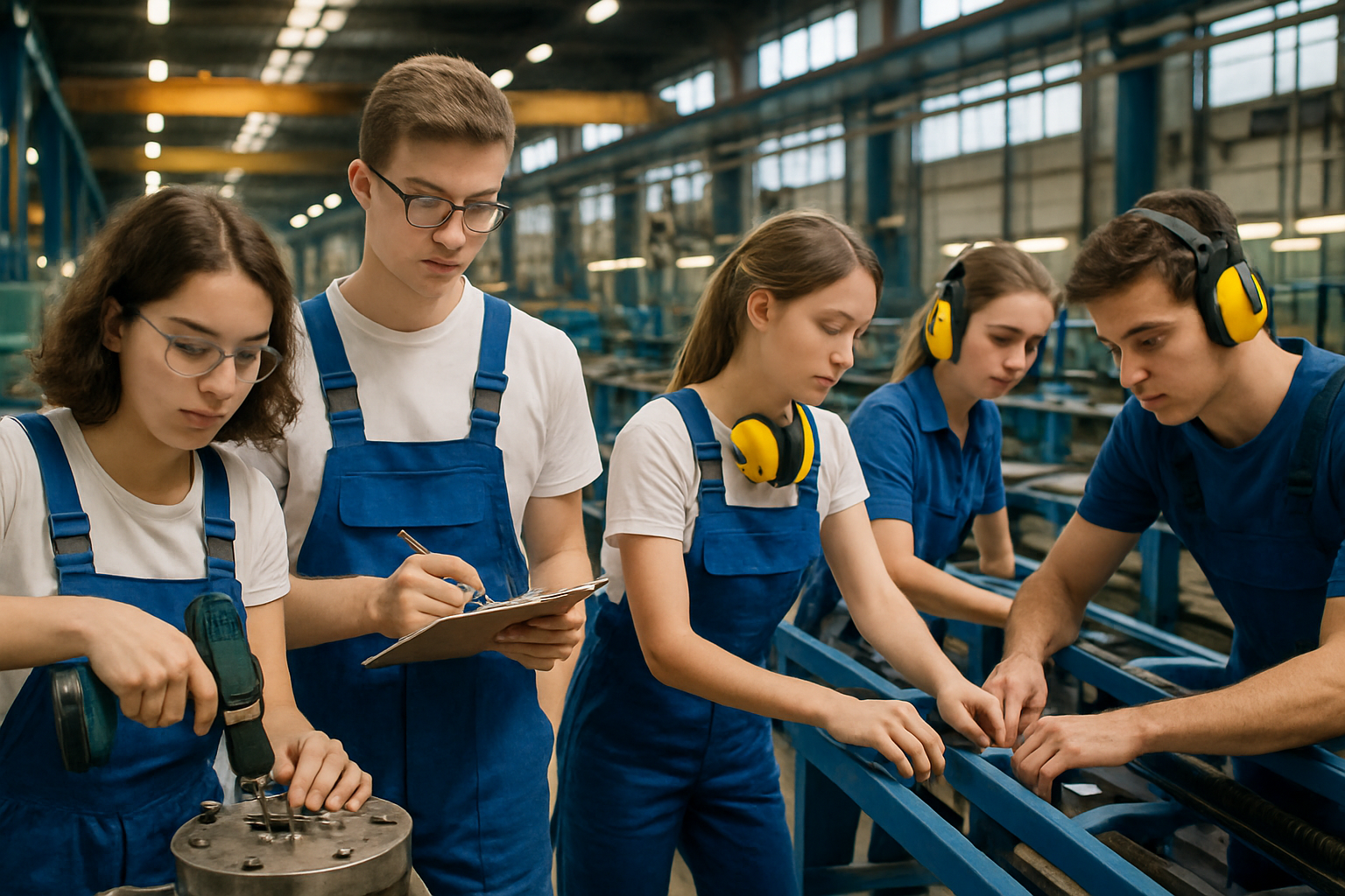 studenten aan het werk in een fabriek